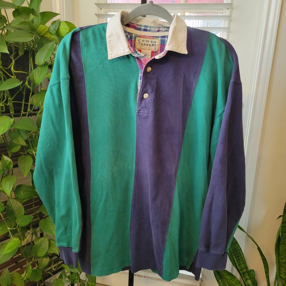 Cotton Traders Vintage Rugby Shirt Mens Large Green Purple Block Stripe Cotton